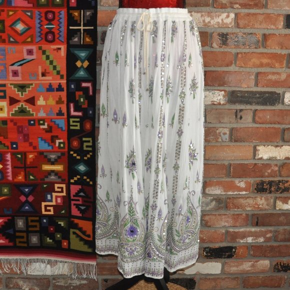 Boho Hippie Maxi Crinkle Broomstick, Multi-color Floral. White Silver Sequin O/S - Picture 2 of 5